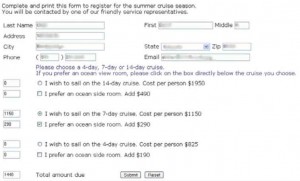 A Web-based input form for users to register for a cruise.