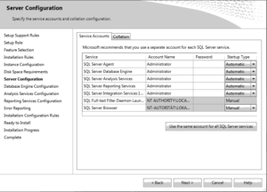 Server Configuration (Service Accounts tab)