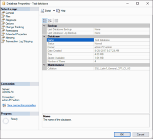 Database Properties dialog box: General page