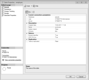 Table Properties dialog box for the employee table