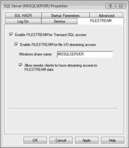 SQL Server Properties dialog box, FILESTREAM tab