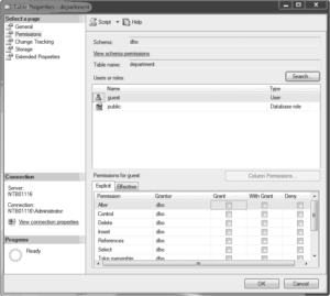 Managing object permissions for the department table