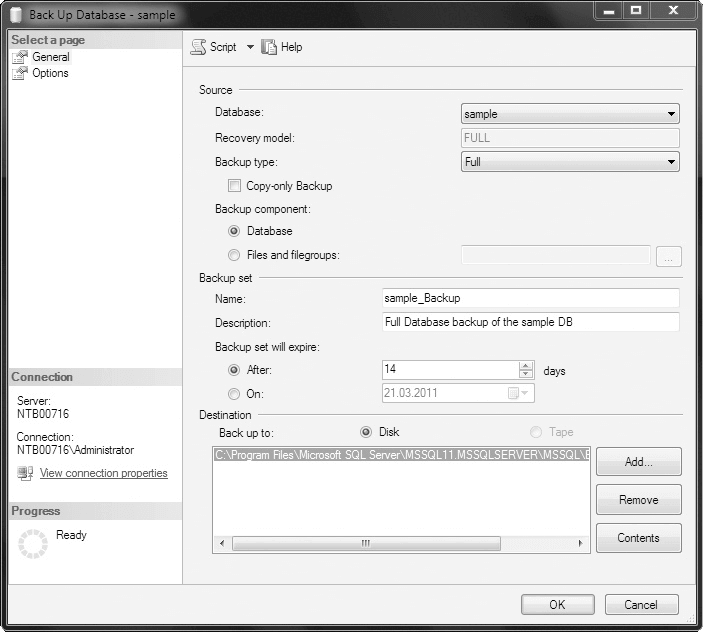 The Back Up Database dialog box, General page
