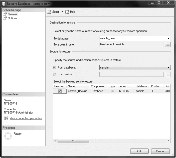The Restore Database dialog box, General page