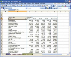 After the user drags the items Product, Quarter, and Sales to the template, the table looks like this.