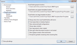 Visual basic 2008 IDE - Projects and Solutions Options