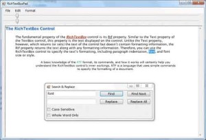 The Search & Replace dialog box of the RichTextBoxPad application