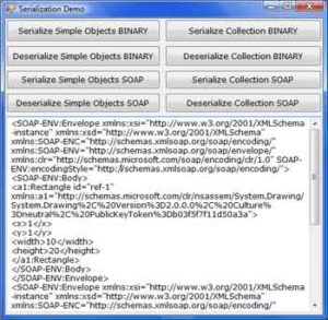 The SimpleSerialization project demonstrates the process of binary and SOAP serialization.